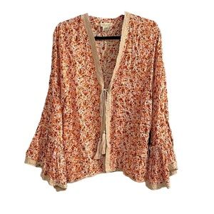 NALINI Bohemian Floral Print Oversized Tie-Front Blouse Red Orange Tan One Size